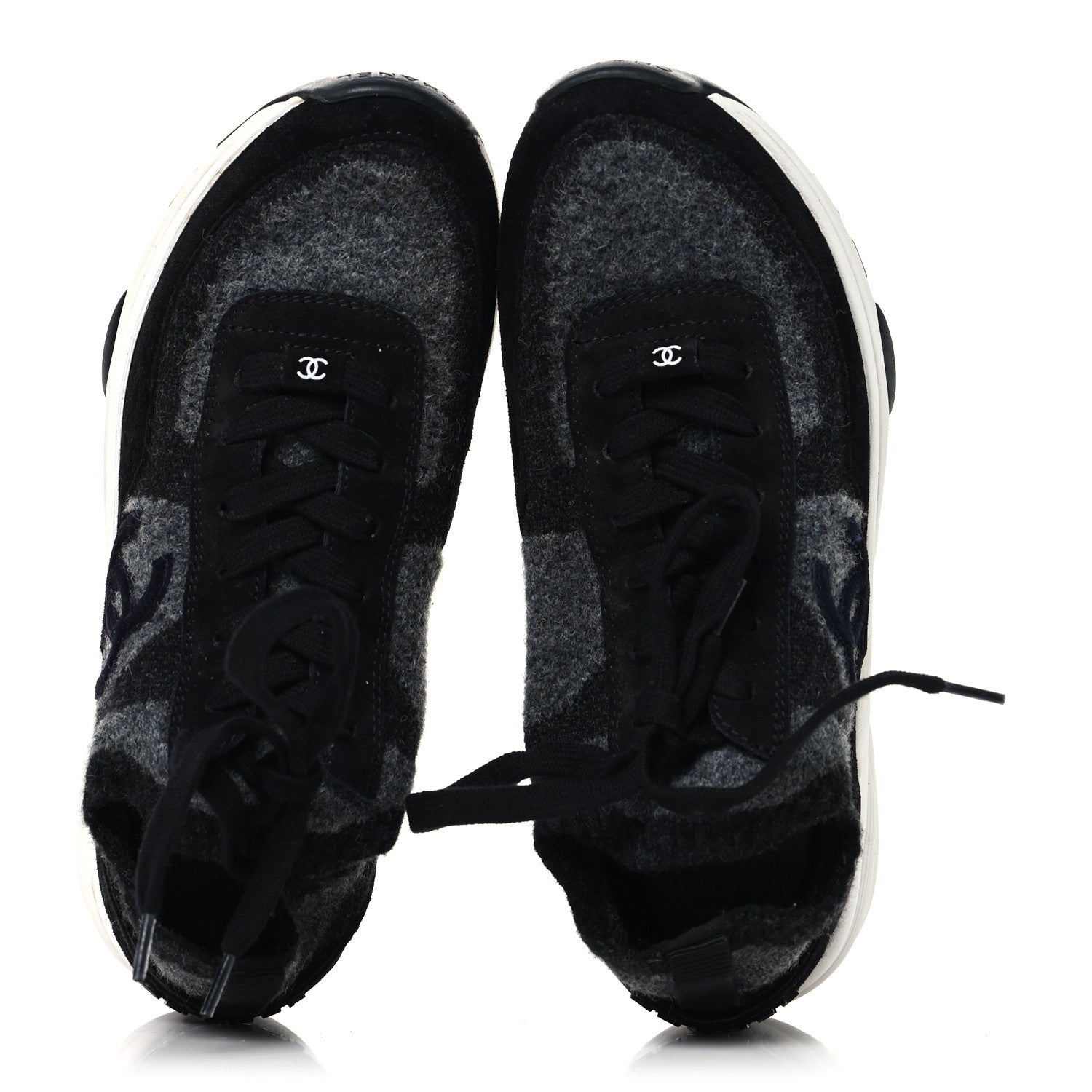 Chanel Knit Fabric Suede Calfskin Womens CC Sneakers 38.5 Black Grey 2 of 8