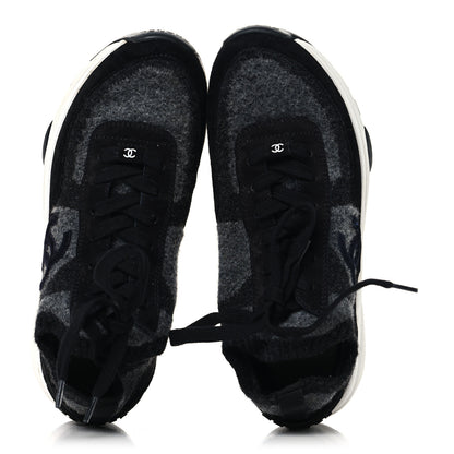 Chanel Knit Fabric Suede Calfskin Womens CC Sneakers 38.5 Black Grey 2 of 8