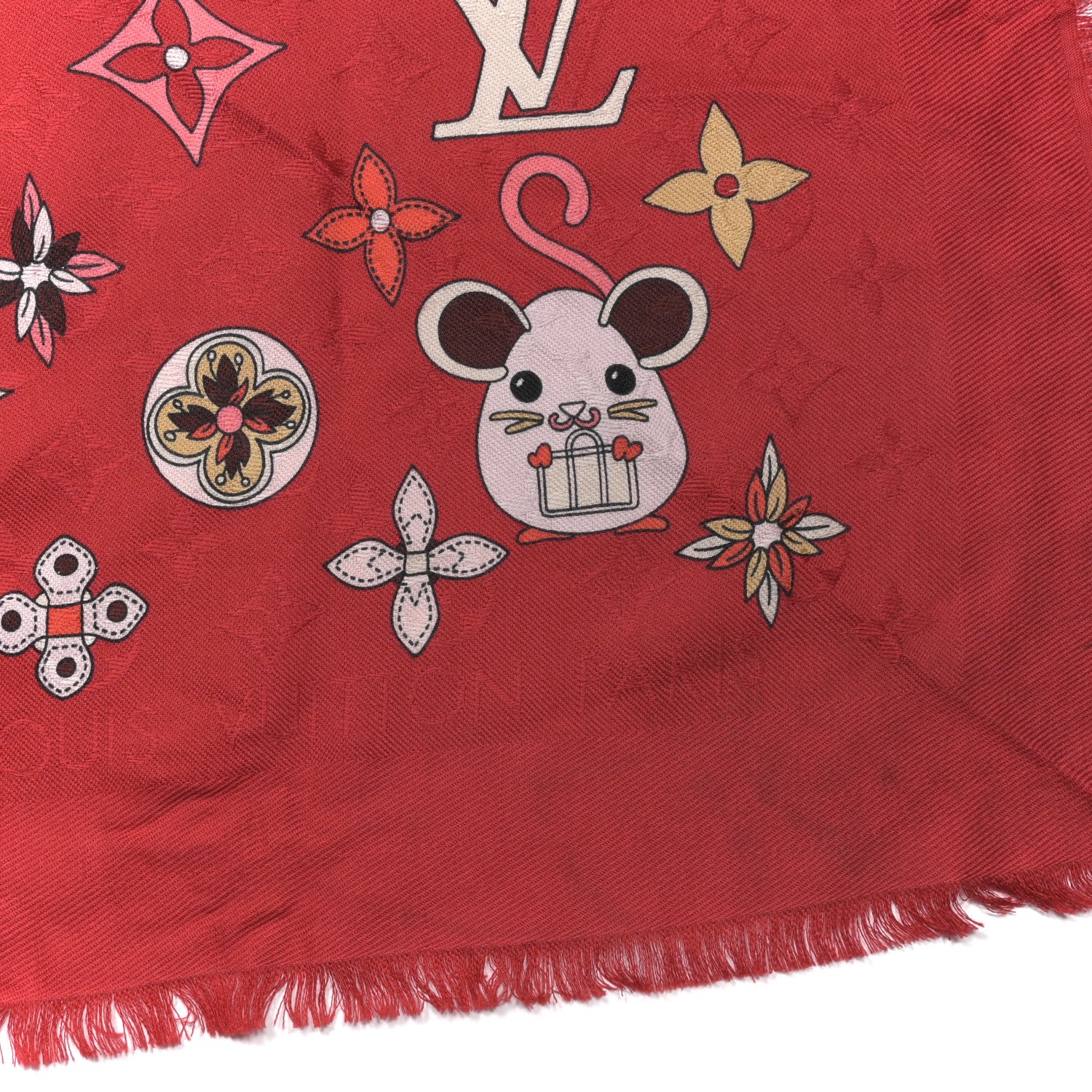Louis Vuitton Silk Wool Chinese New Year Mouse Shawl Rouge 2 of 4
