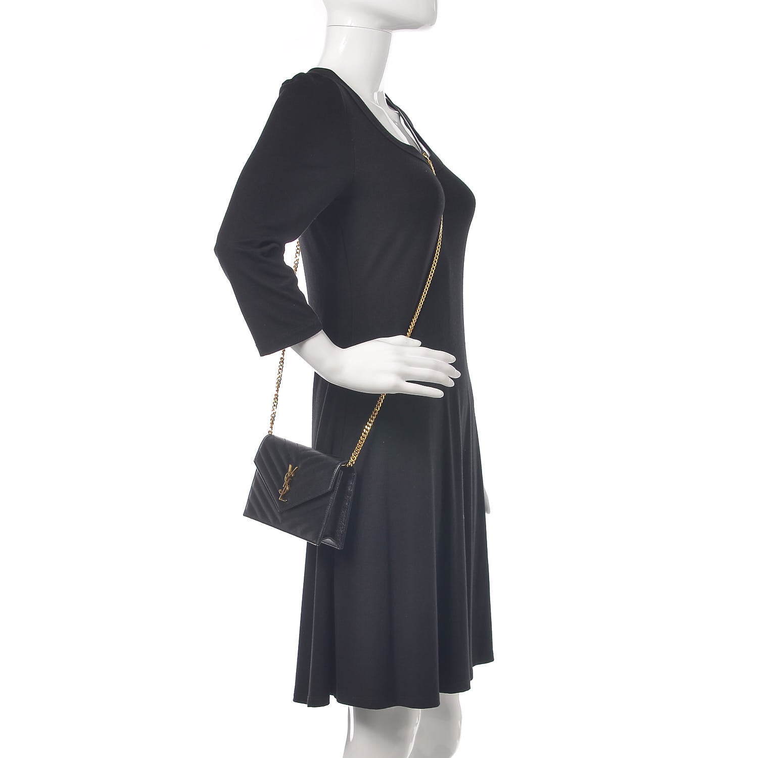 Saint Laurent Grain De Poudre Matelasse Chevron Monogram Envelope Chain Wallet Black 2 of 10