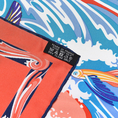 Hermes Silk De la Mer Au Ciel Scarf 90 Rouge Cobalt Saumon 3 of 4