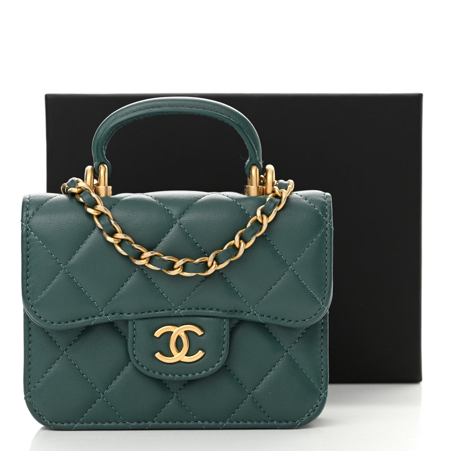 Lambskin Quilted Top Handle Flap Coin Purse With Chain Green