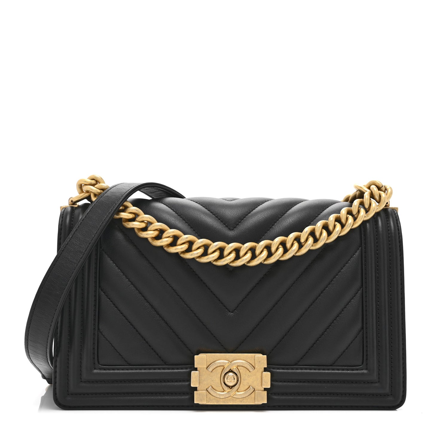 Calfskin Chevron Quilted Medium Boy Flap Black