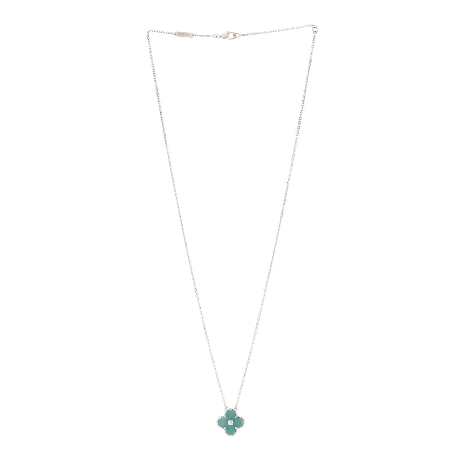 Van Cleef & Arpels 18K White Gold Diamond Celadon Green Sevres Porcelain Vintage Alhambra Pendant Necklace 3 of 6