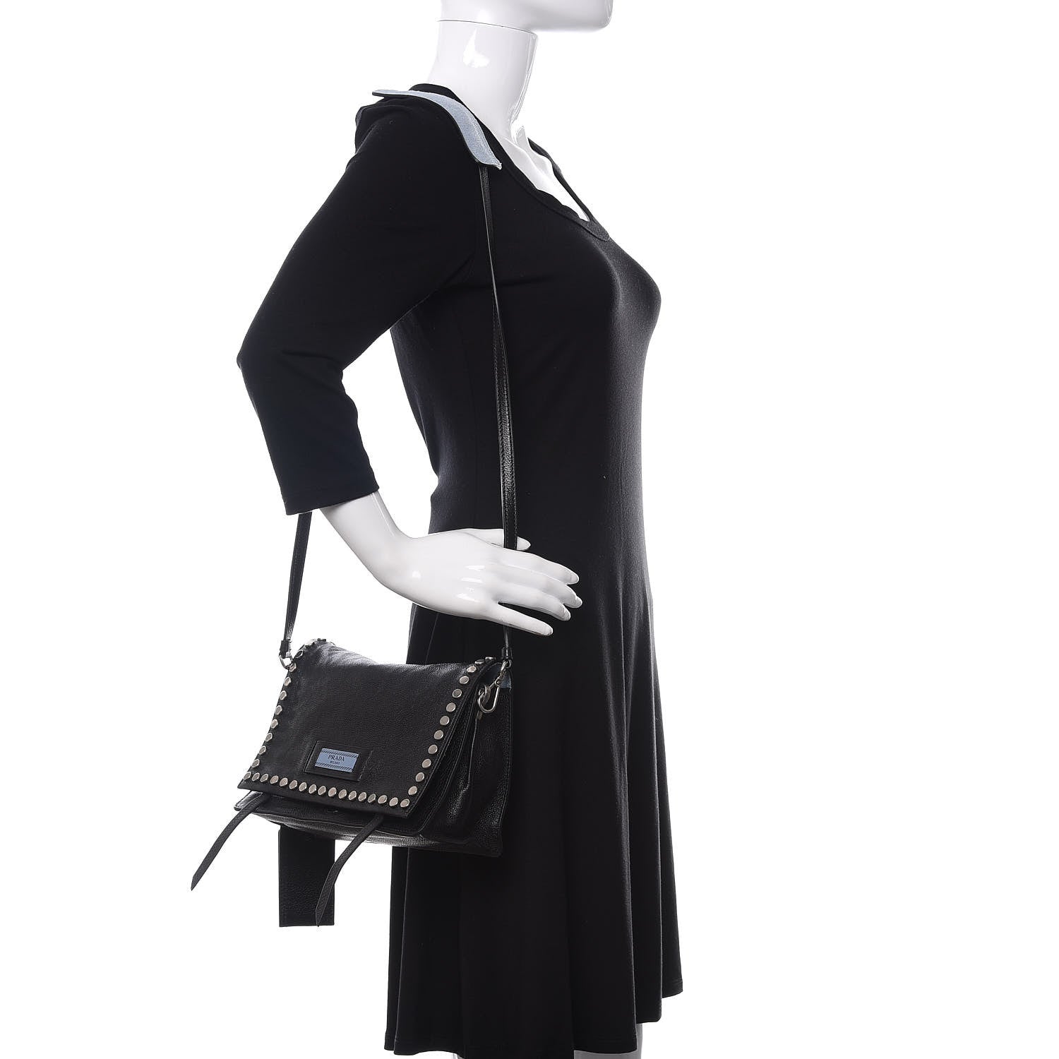 Prada Glace Calfskin Studded Etiquette Flap Black 2 of 11