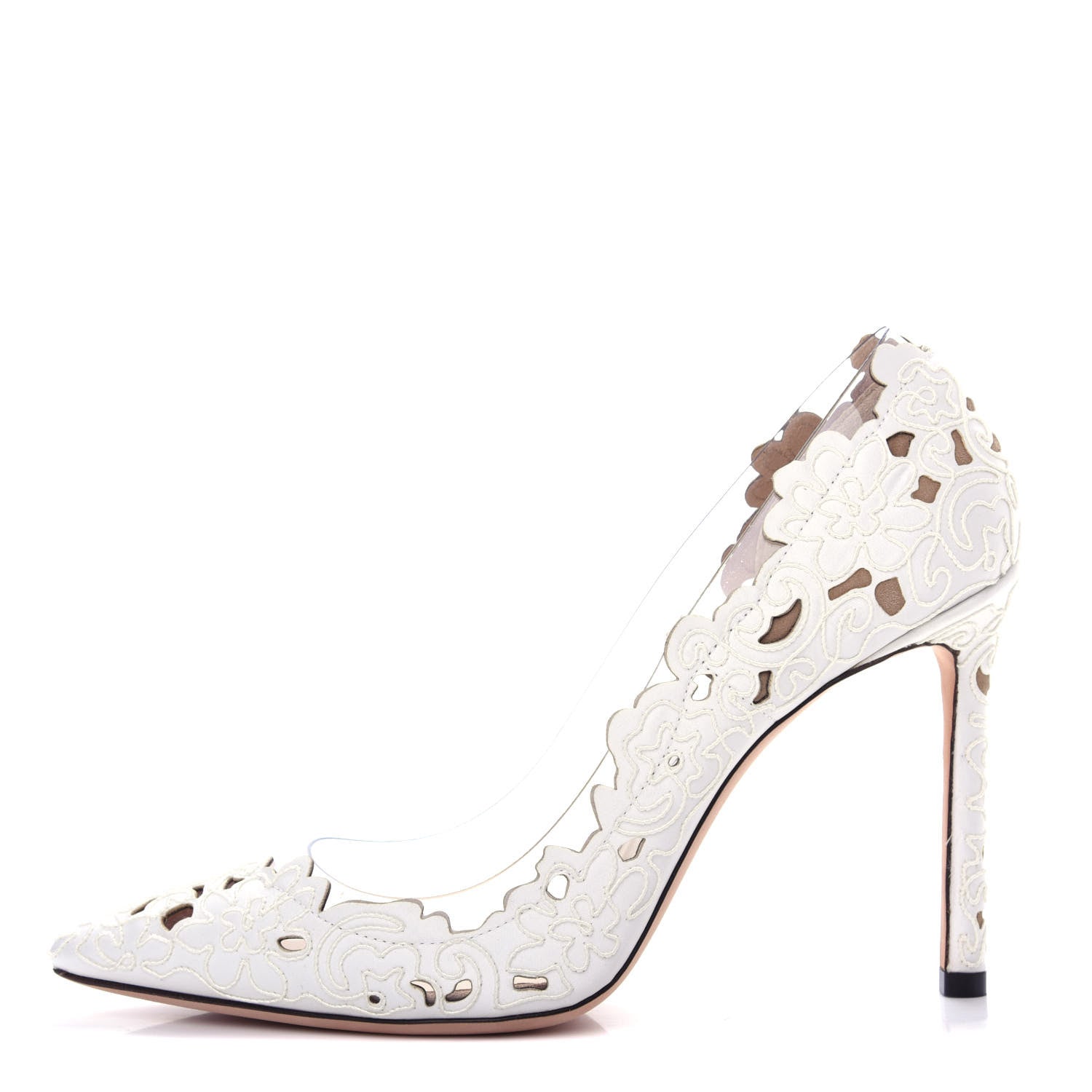 Jimmy Choo Floral Cutout PVC Romy 100 Pointy Toe Pumps 39 Ivory 1 of 9