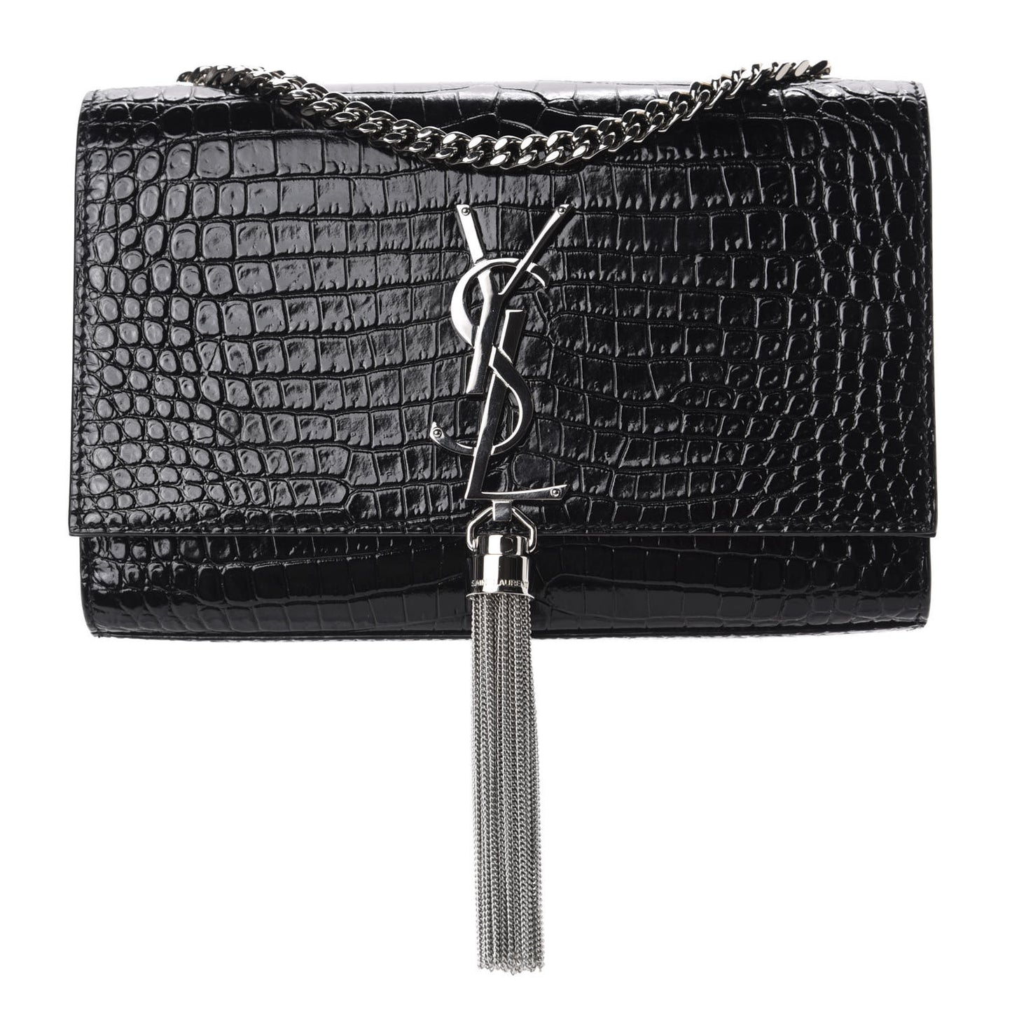 Calfskin Crocodile Embossed Small Classic Monogram Kate Tassel Satchel Black
