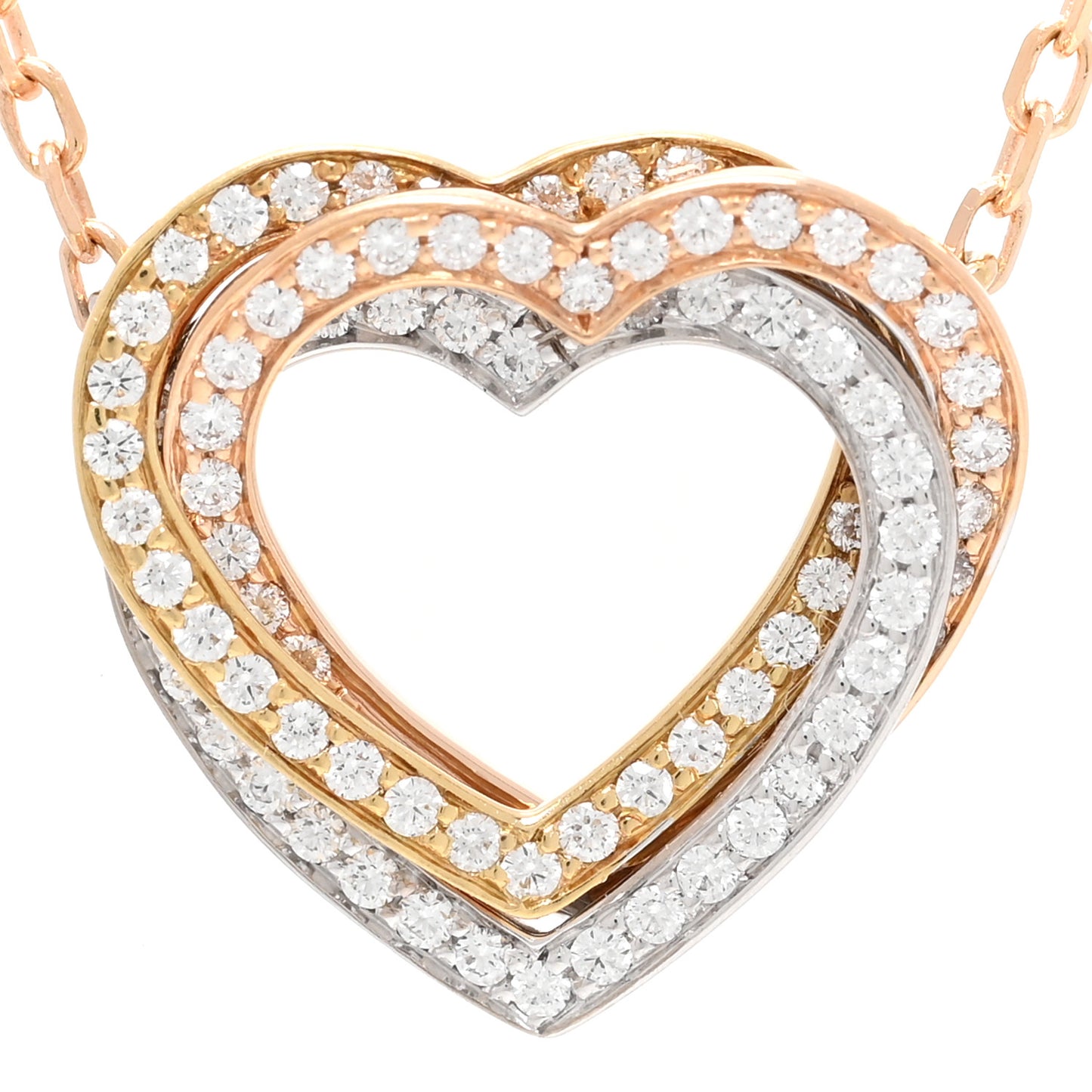 18K Pink Yellow White Gold Diamond Trinity Heart Paved Pendant Necklace