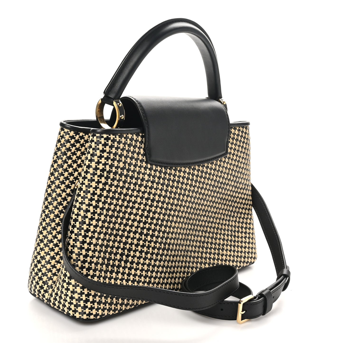 Raffia Calfskin Capucines MM Black Ecru
