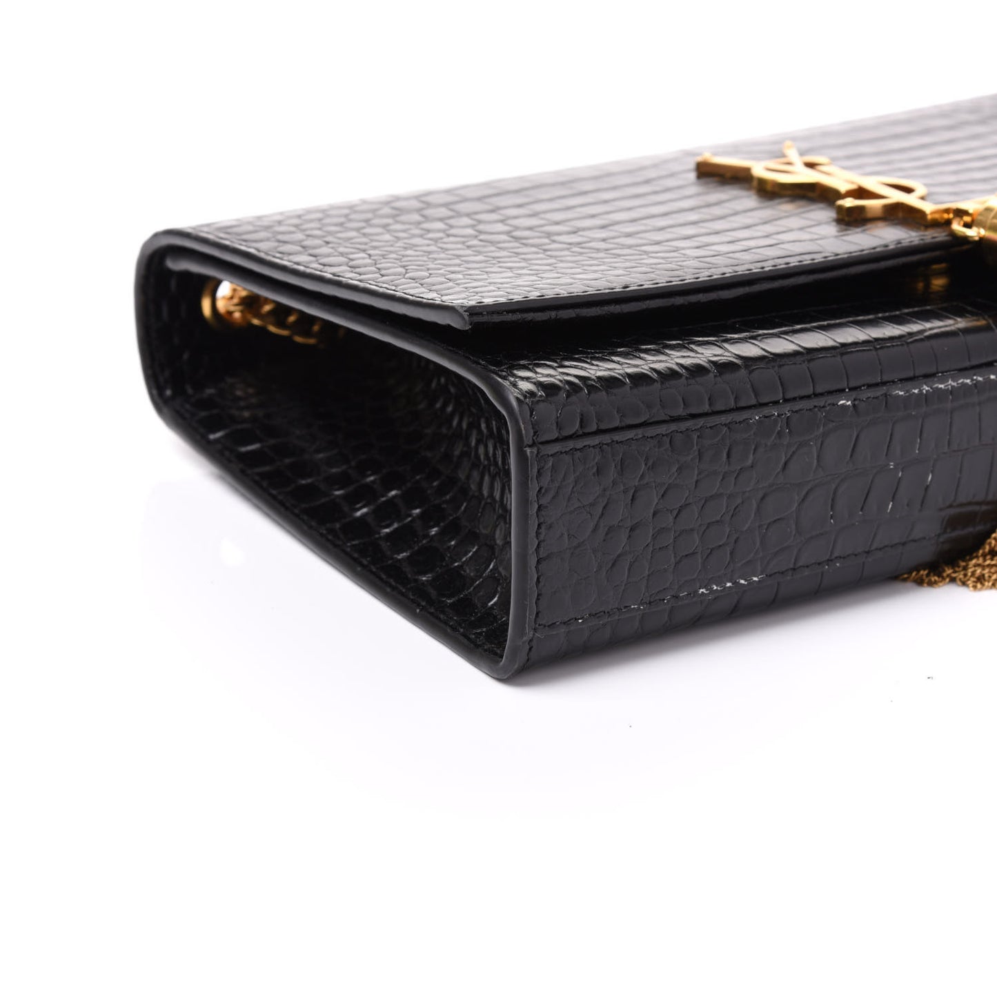 Calfskin Crocodile Embossed Medium Classic Monogram Kate Tassel Satchel Black
