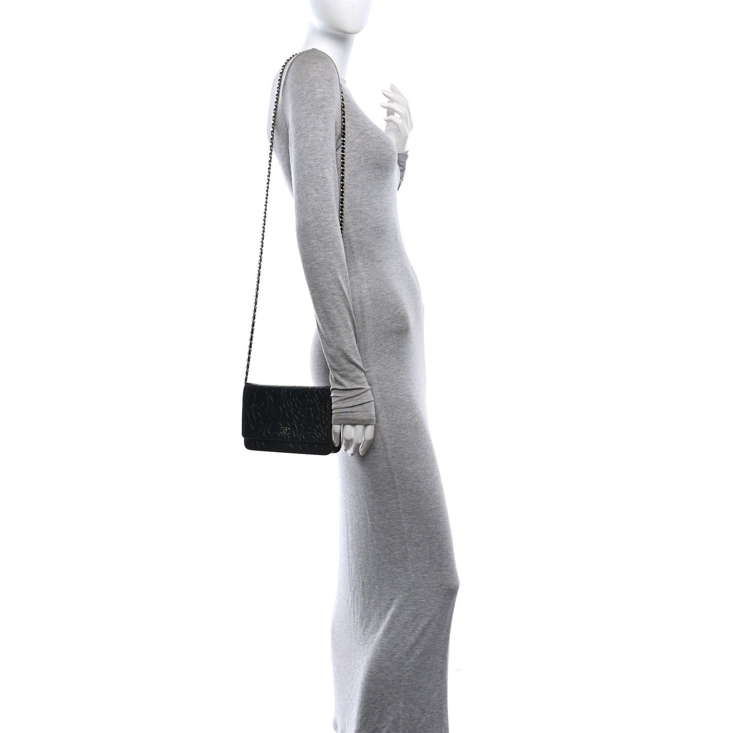 Lambskin Camellia Embossed Wallet On Chain WOC Black