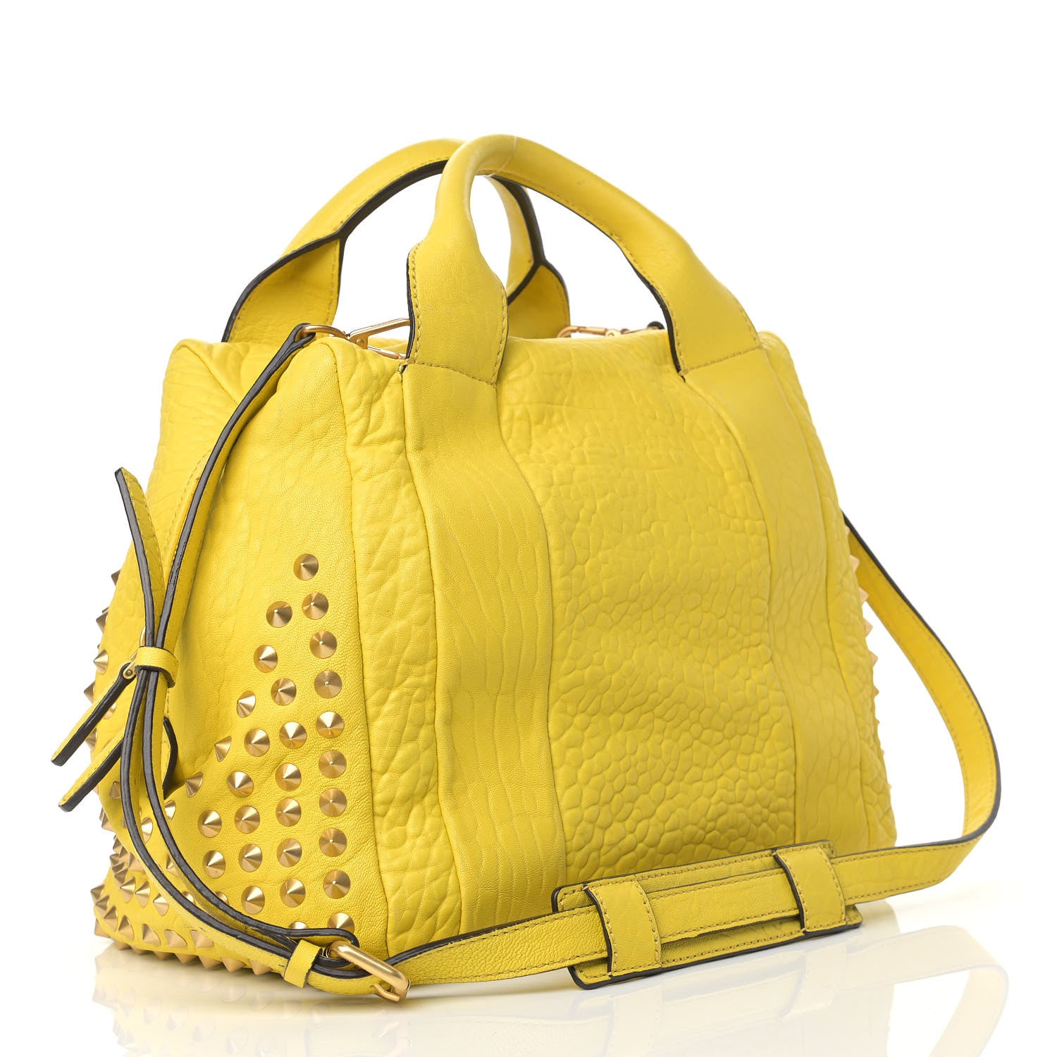 MCM Pebbled Calfskin Studded Satchel Yellow 2 of 17