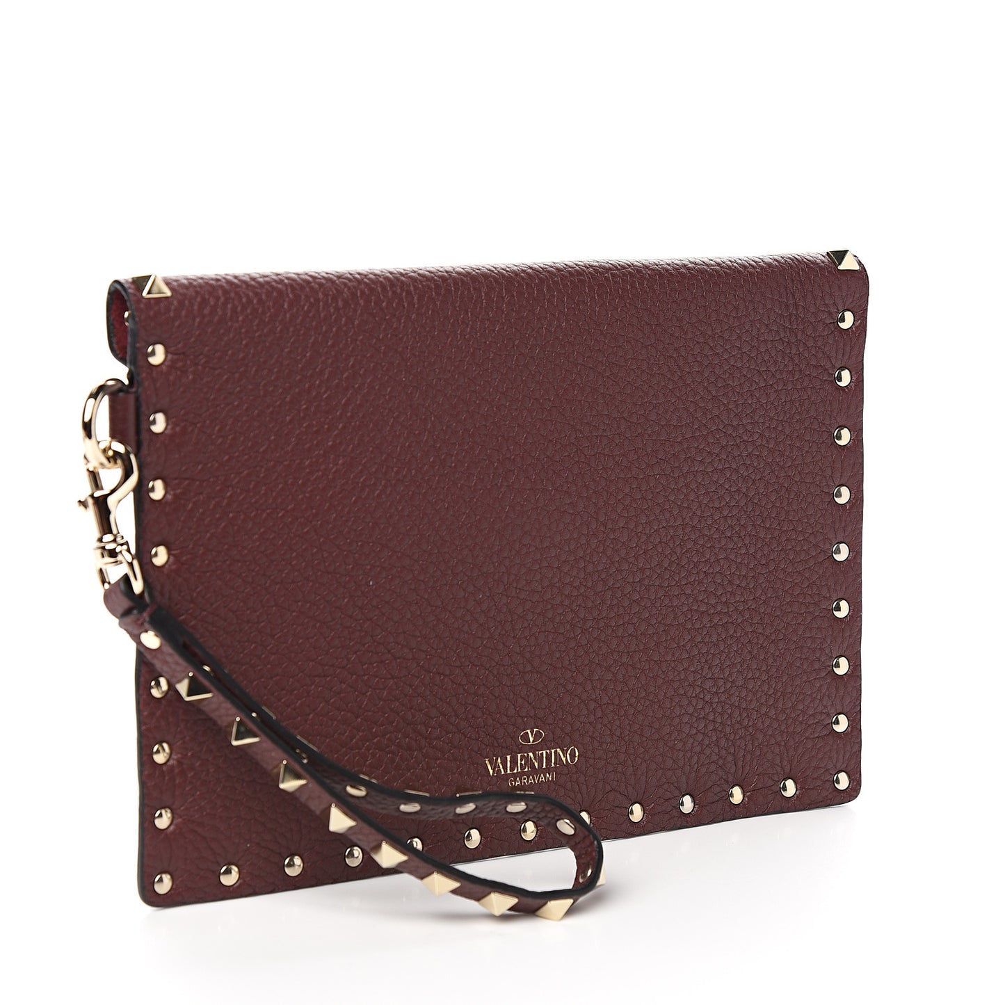 Pebbled Calfskin Medium Rockstud Envelope Flat Wristlet Pouch Rubin