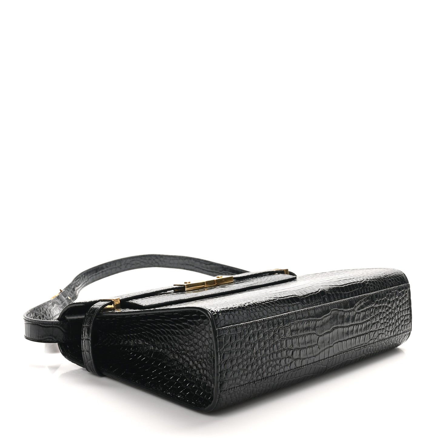 Shiny Calfskin Crocodile Embossed Manhattan Baguette Black