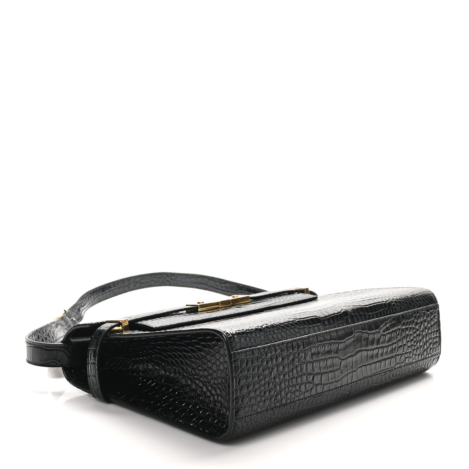 Saint Laurent Shiny Calfskin Crocodile Embossed Manhattan Baguette Black 4 of 10