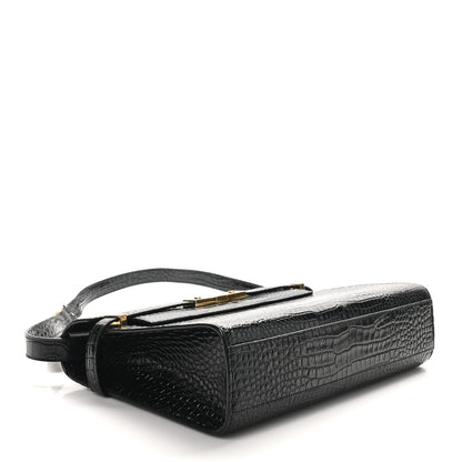 Saint Laurent Shiny Calfskin Crocodile Embossed Manhattan Baguette Black 4 of 10