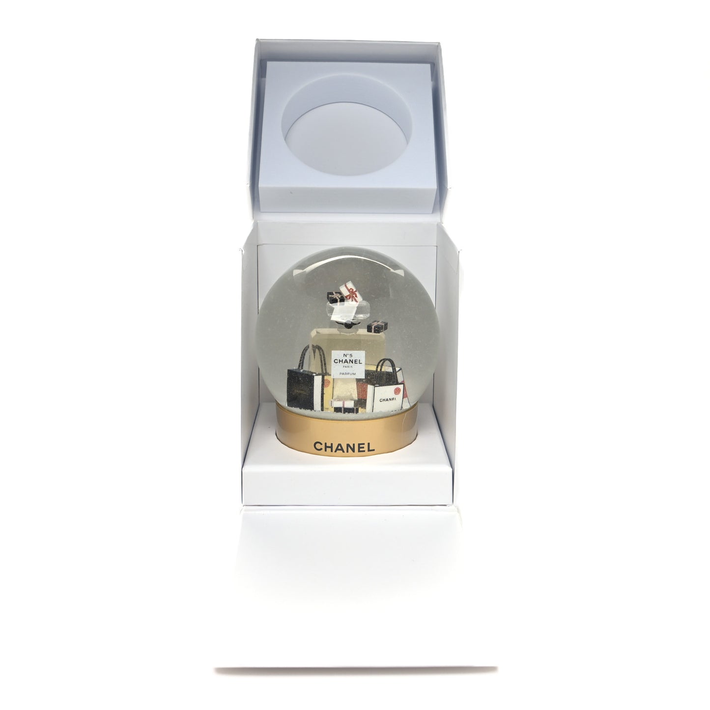 Glass N°5 Perfume Bottle Snow Globe Gold