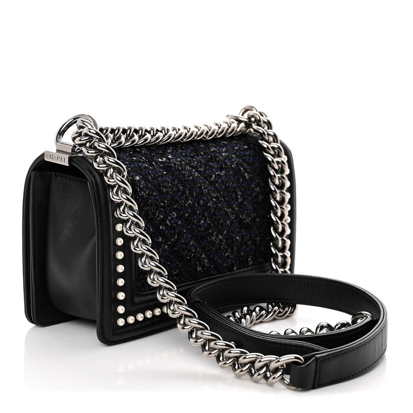 Calfskin Pearl Tweed Small Boy Flap Black