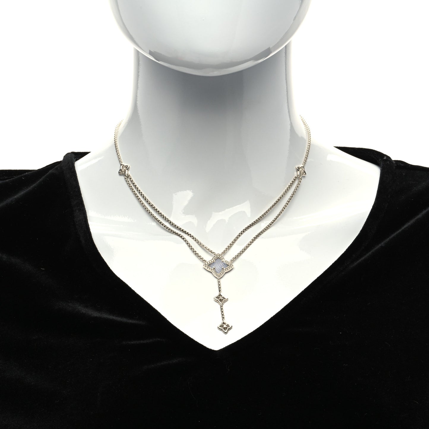 Sterling Silver Diamond Chalcedony Quatrefoil Drop Pendant Necklace