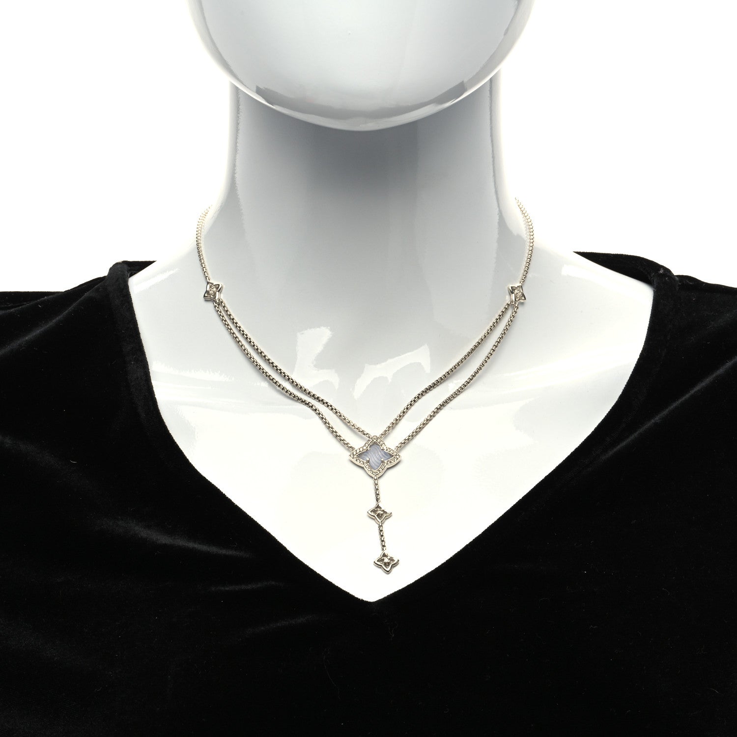 David Yurman Sterling Silver Diamond Chalcedony Quatrefoil Drop Pendant Necklace 2 of 6