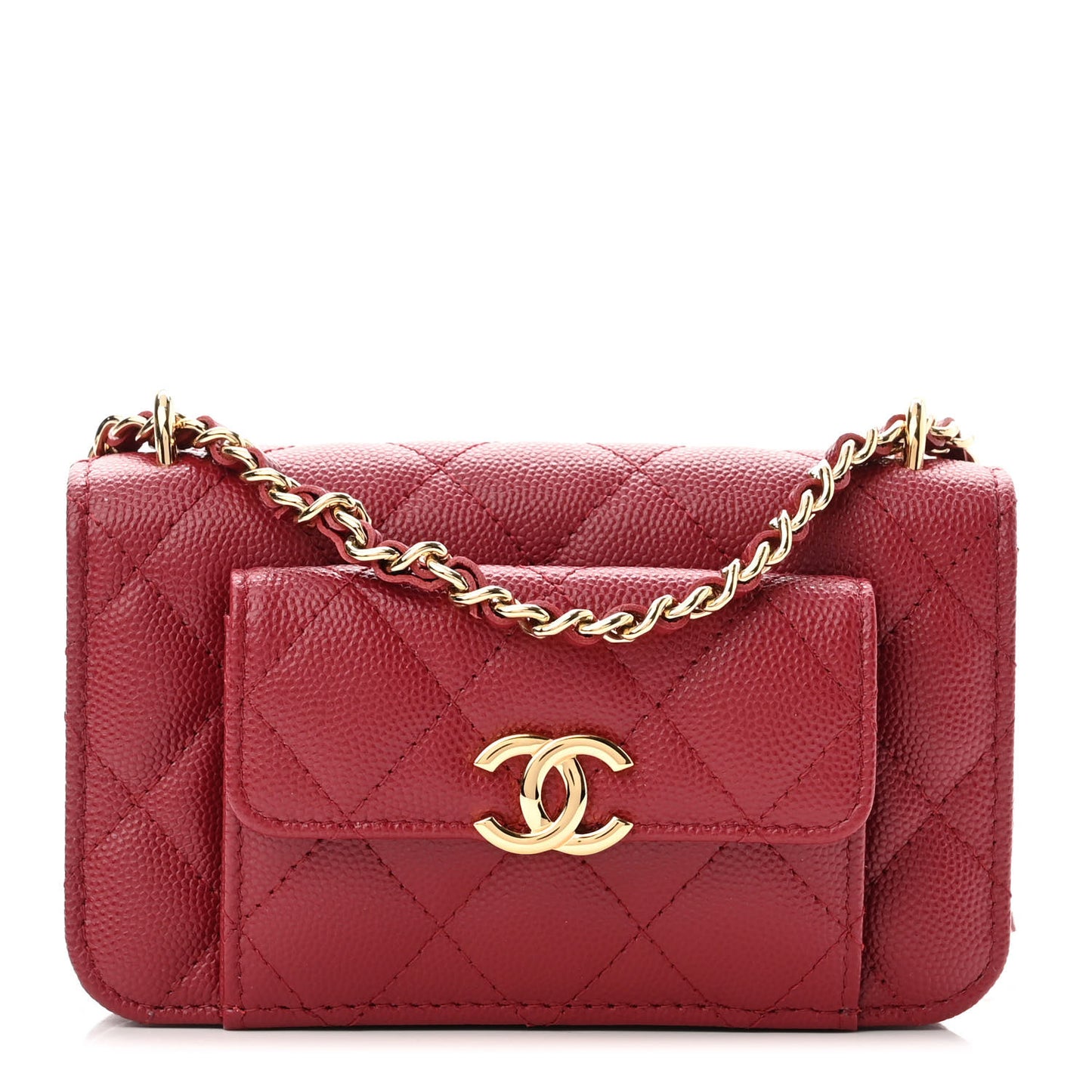 Caviar Quilted Pocket Twins Clutch With Chain Burgundy