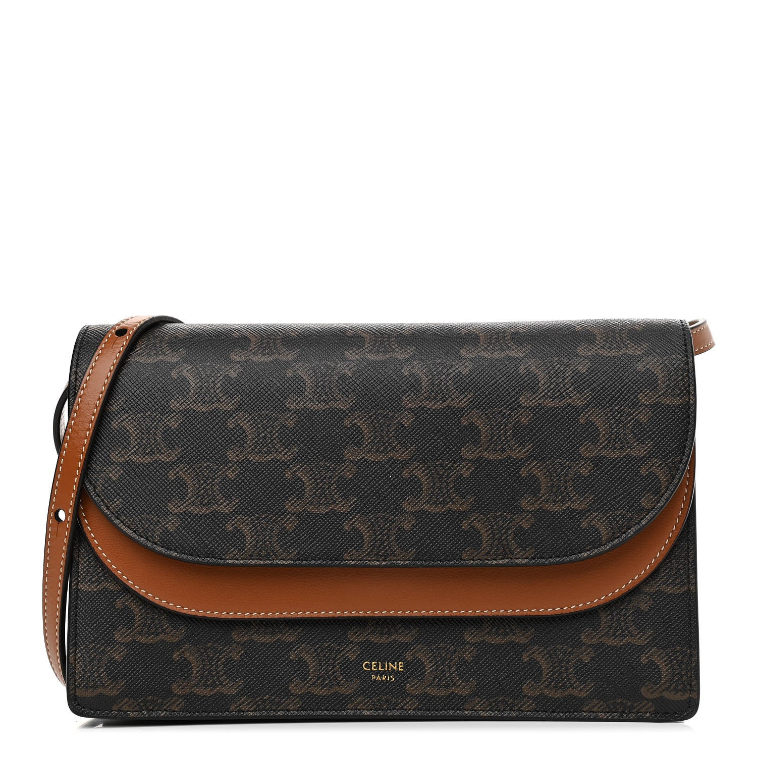 Celine Triomphe Canvas Lambskin Wallet On Strap Tan 1 of 13