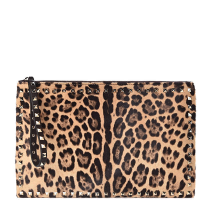 Valentino Garavani Calf Hair Leopard Print Rockstud Zip Wristlet Pouch Leopard 1 of 7