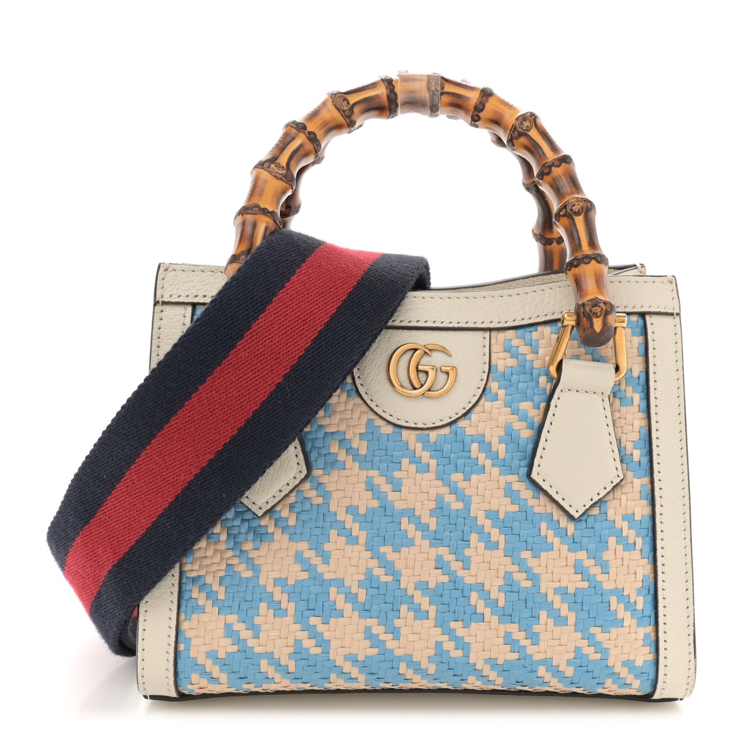 Raffia Textured Dollar Calfskin Web Houndstooth Mini Diana Tote Bag Light Blue Natural Deep Orange