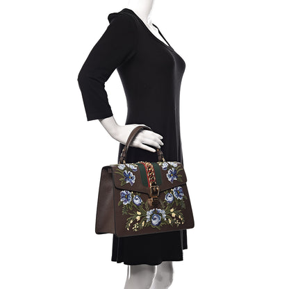 Gucci Calfskin Embroidered Medium Sylvie Top Handle Bag New Acero Multicolor 2 of 11