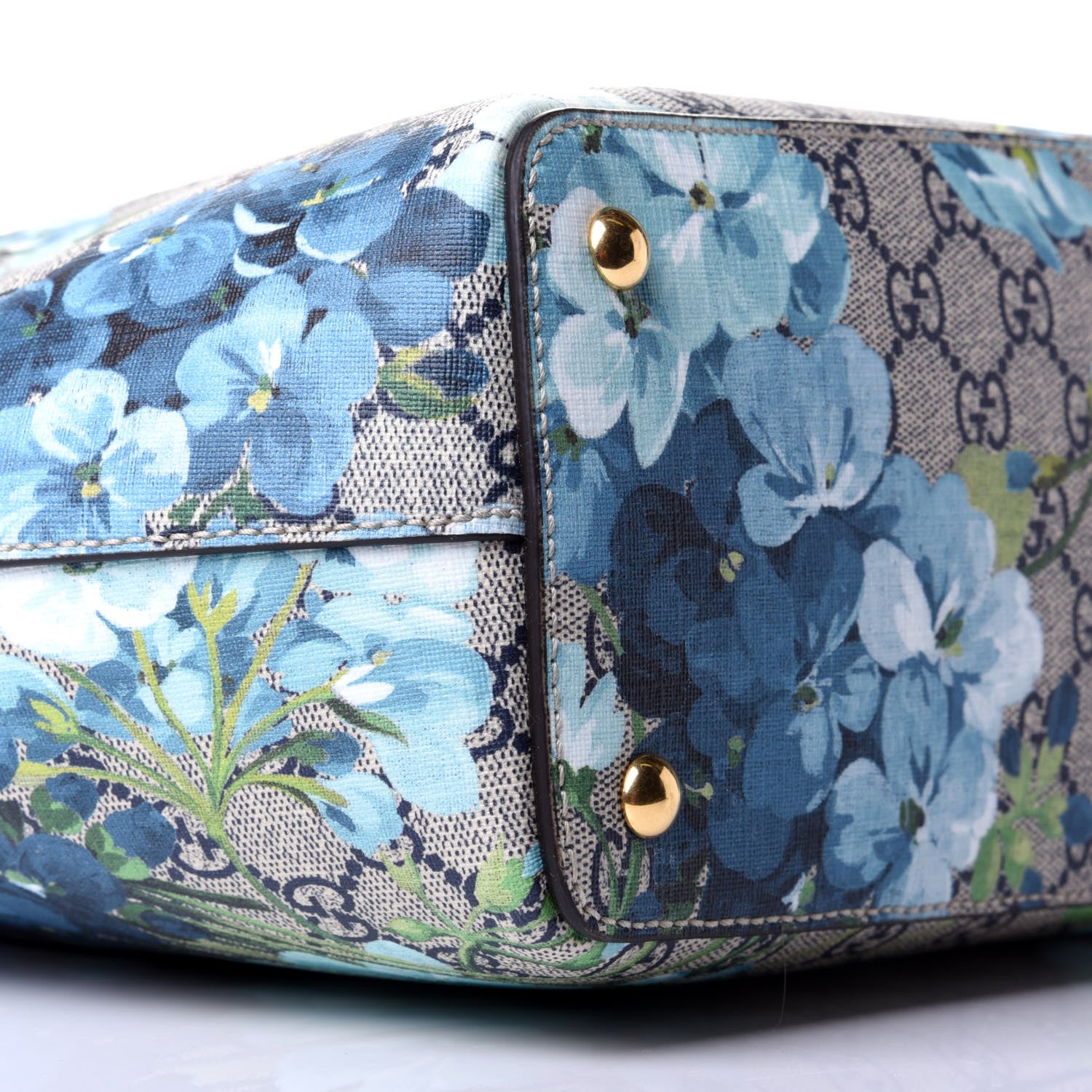 Gucci GG Supreme Monogram Blooms Medium Zippered Bucket Tote Beige Blue Navy Hibiscus Red 9 of 10