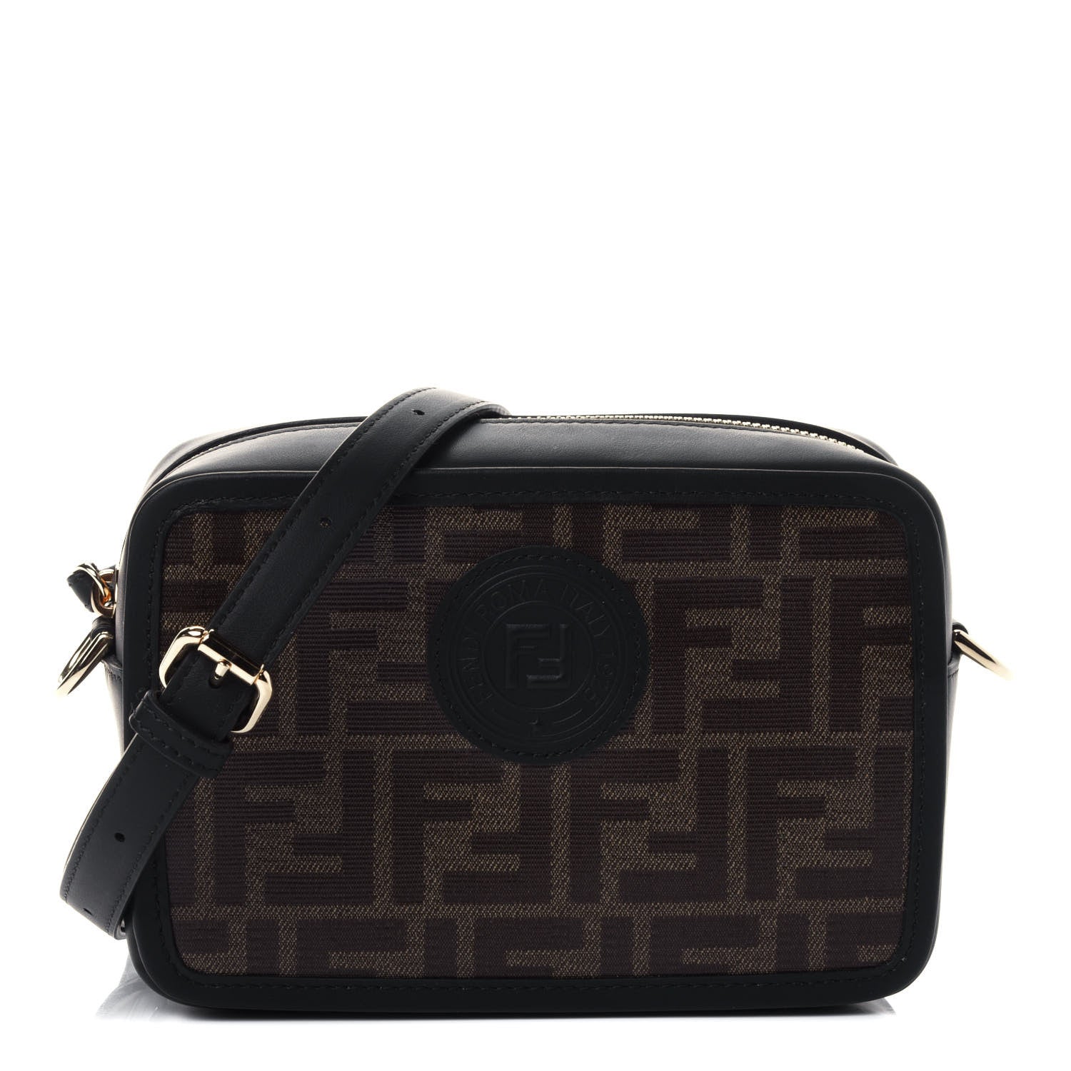 Fendi Glazed Fabric Vitello Century FF 1974 Stamp Patch Mini Camera Case Mogano Panna Black 1 of 4