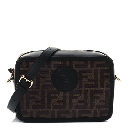 Fendi Glazed Fabric Vitello Century FF 1974 Stamp Patch Mini Camera Case Mogano Panna Black 1 of 4