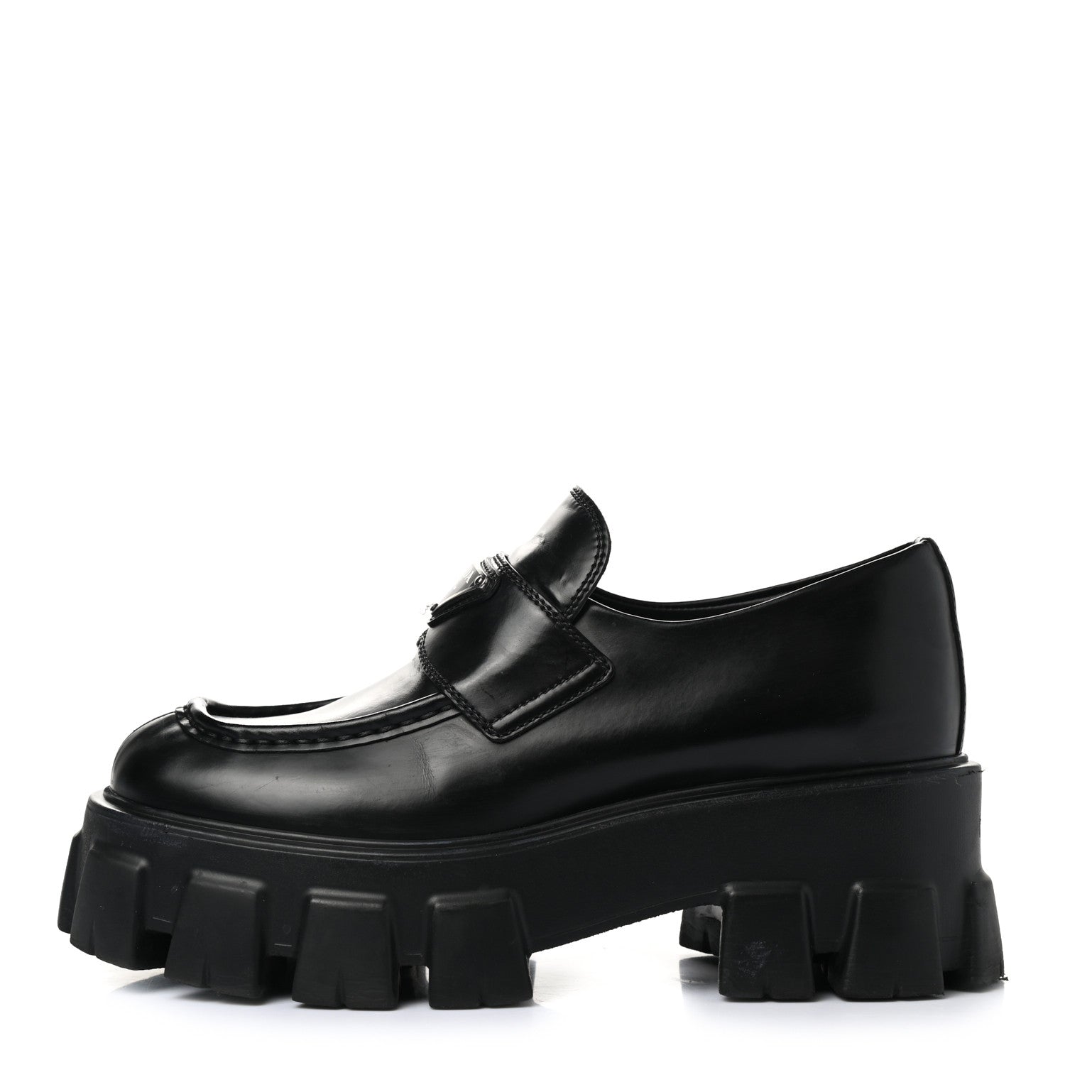 Prada Spazzolato Rois Metal Triangle Logo Monolith 55mm Loafers 37 Black 1 of 11