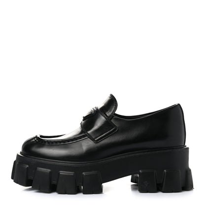 Prada Spazzolato Rois Metal Triangle Logo Monolith 55mm Loafers 37 Black 1 of 11