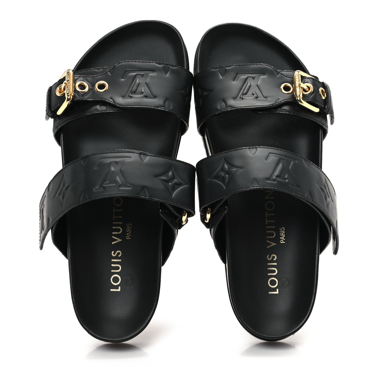 Lambskin Embossed Monogram Bom Dia Flat Mule Sandals 35 Black