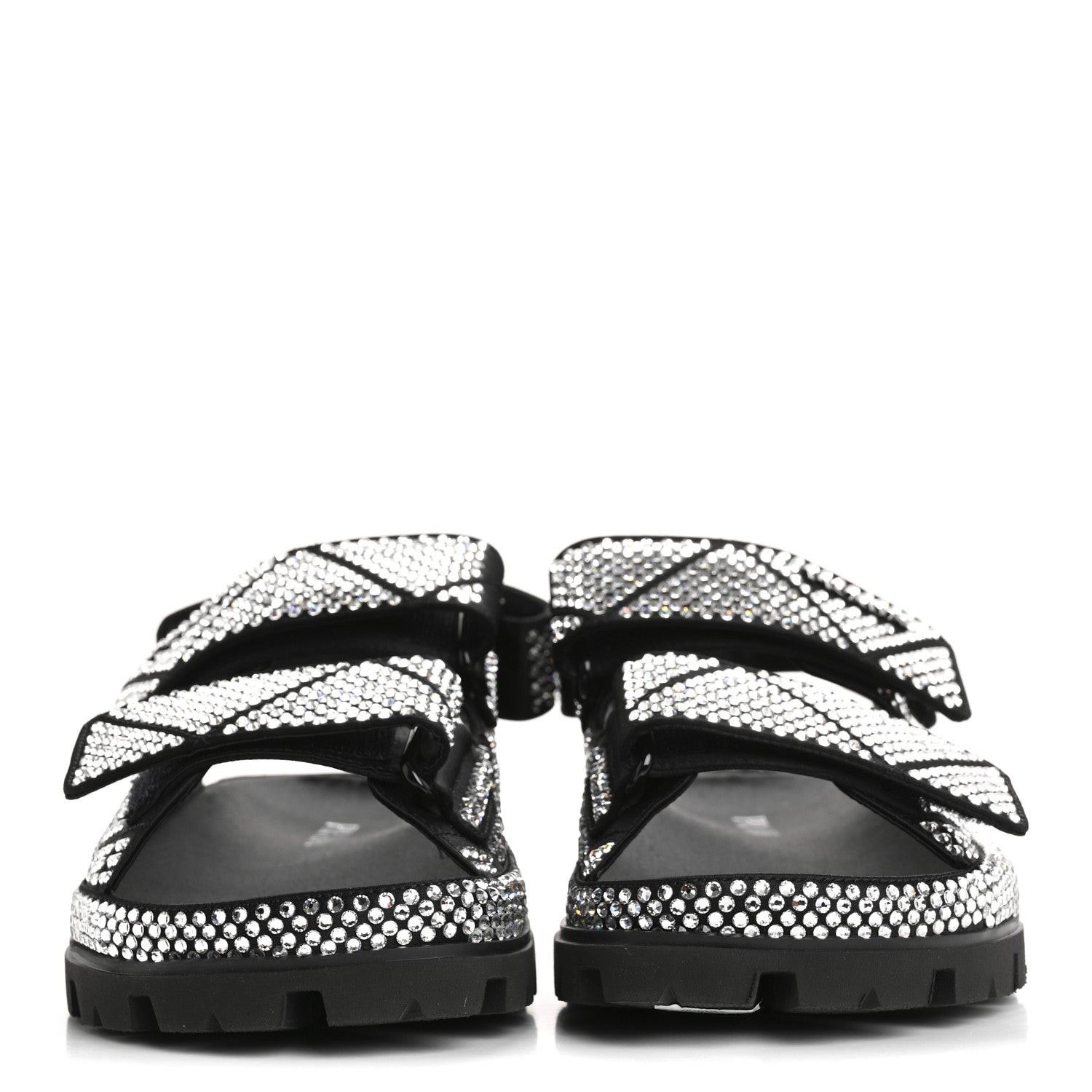 Prada Satin Crystal Embellished Metal Logo Velcro Sandals 37 Black 3 of 11