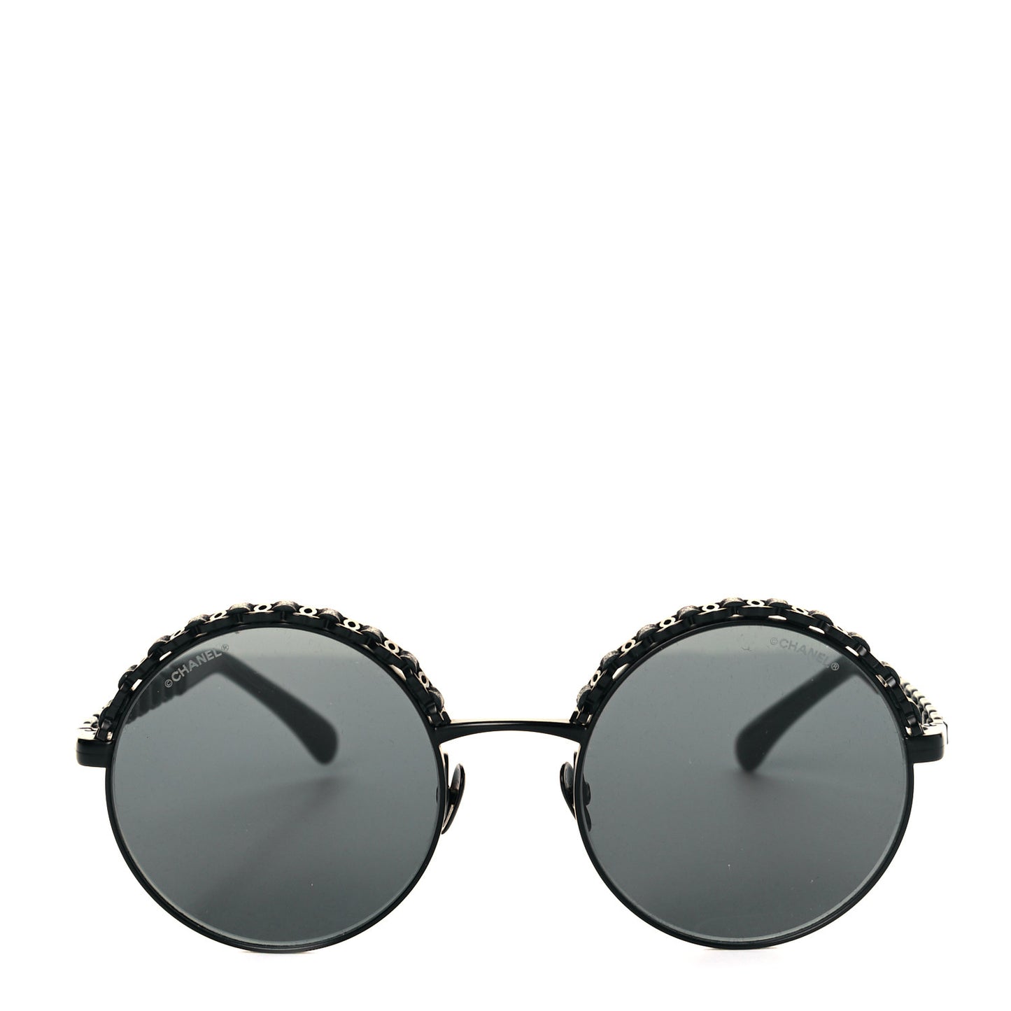Metal Calfskin Round Chain Sunglasses 4265-Q Black