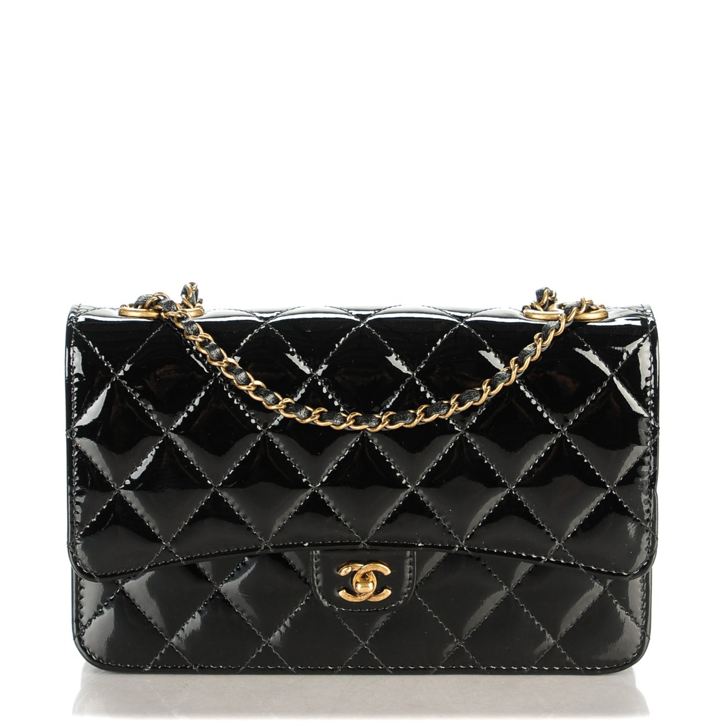 Patent Goatskin Quilted CC Eyelet Wallet On Chain Black