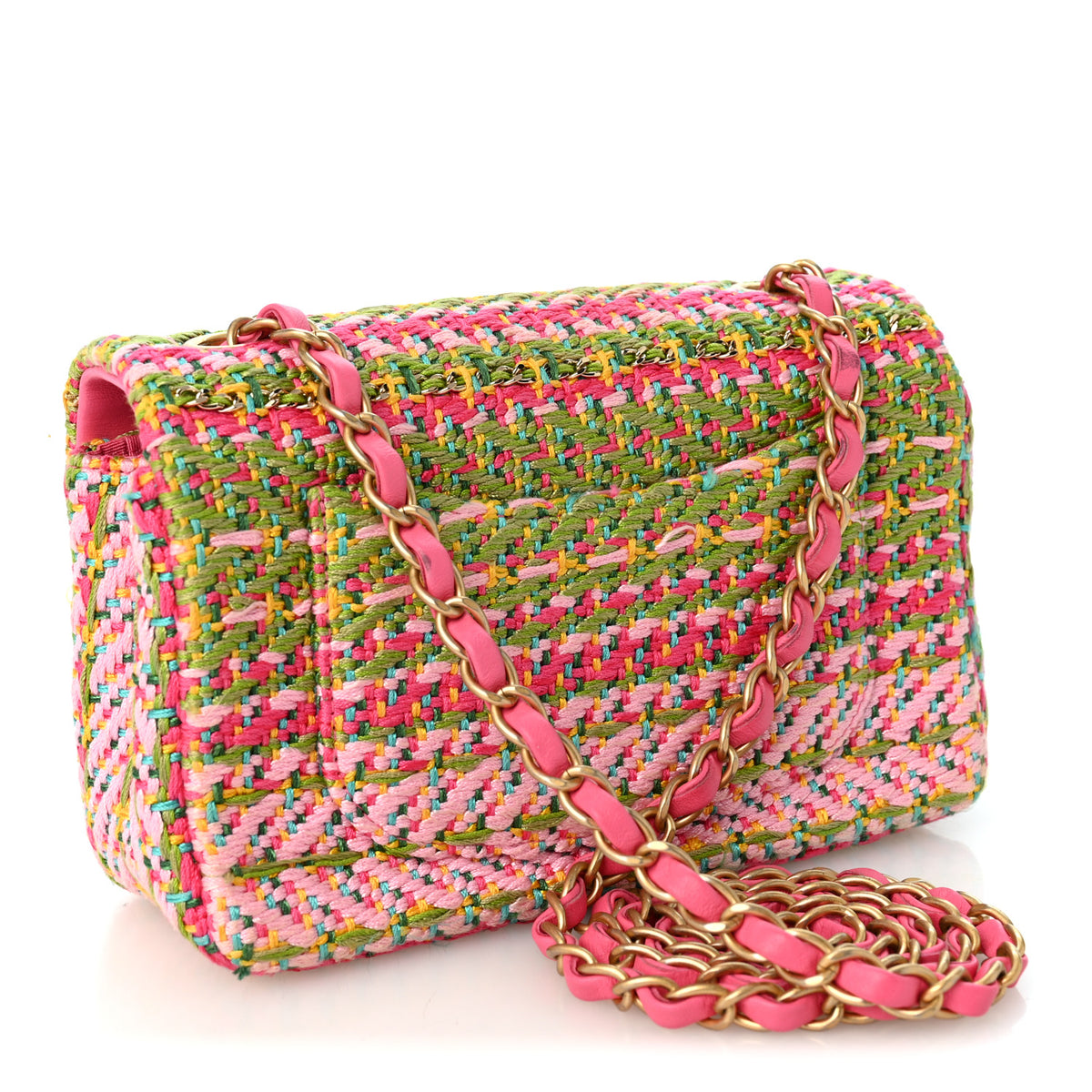 Cotton Mixed Fibers Woven Mini Rectangular Flap Pink Green