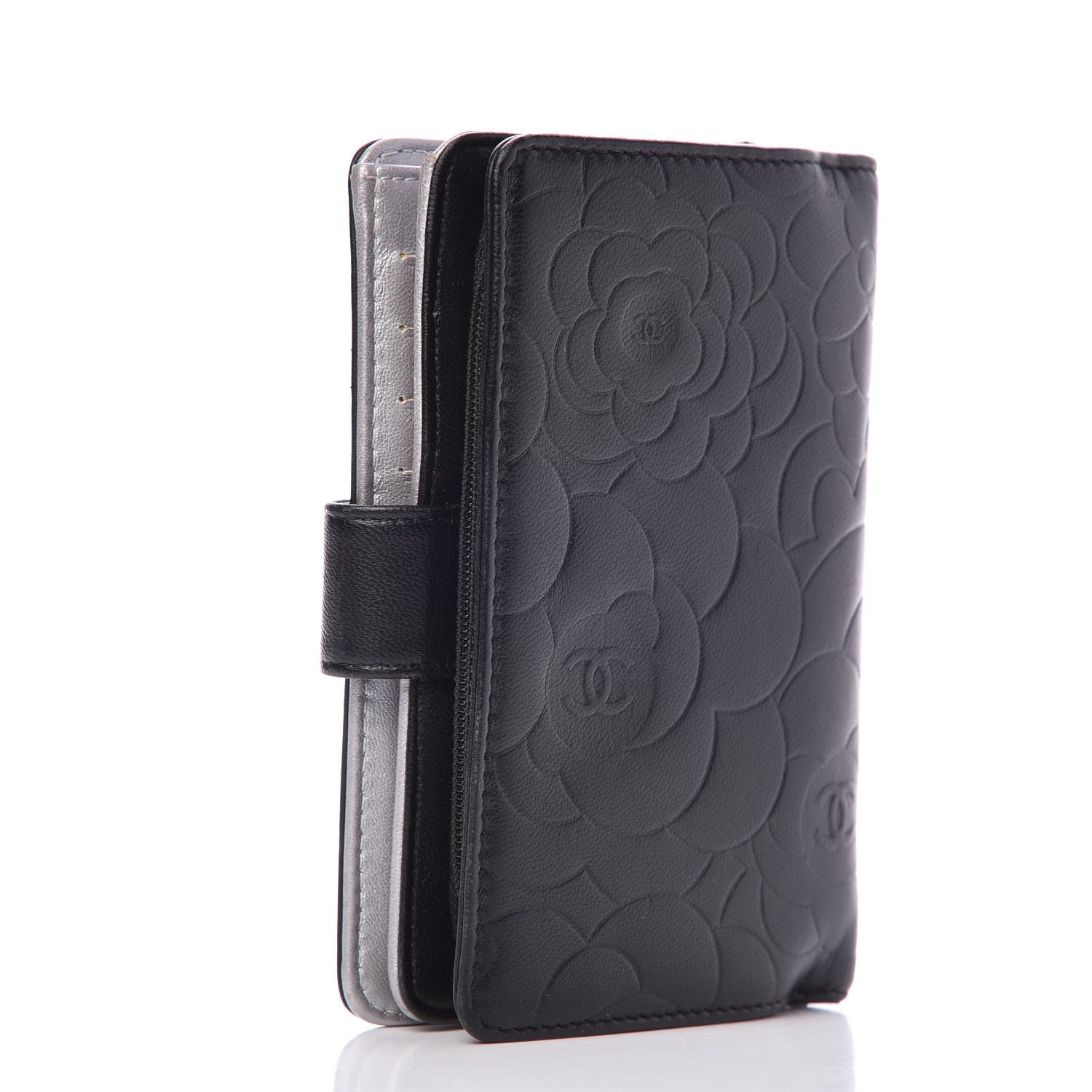 Chanel Lambskin Camellia Embossed Zipped Pocket Wallet Black 3 of 9
