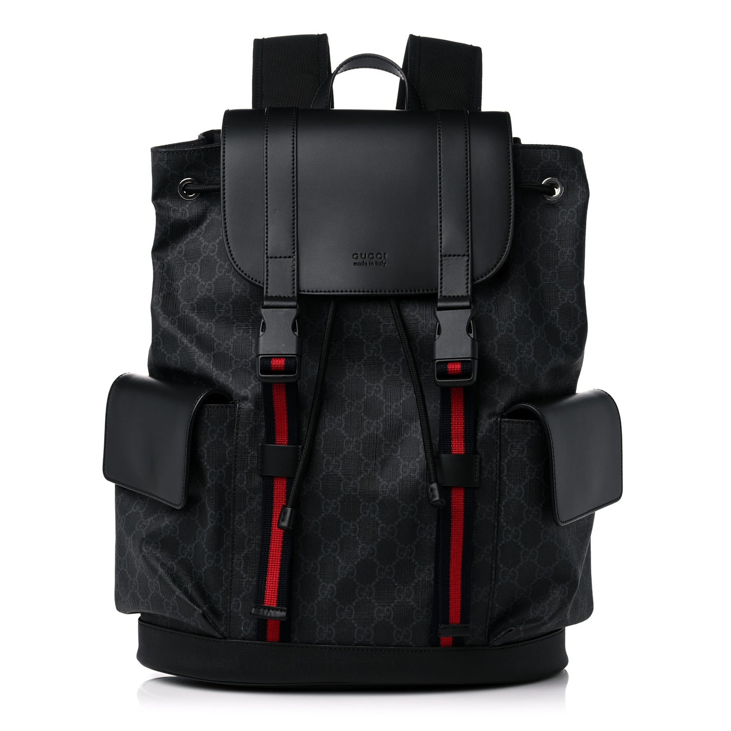 Soft GG Supreme Monogram Appia Calfskin Web Double Buckle Backpack Black