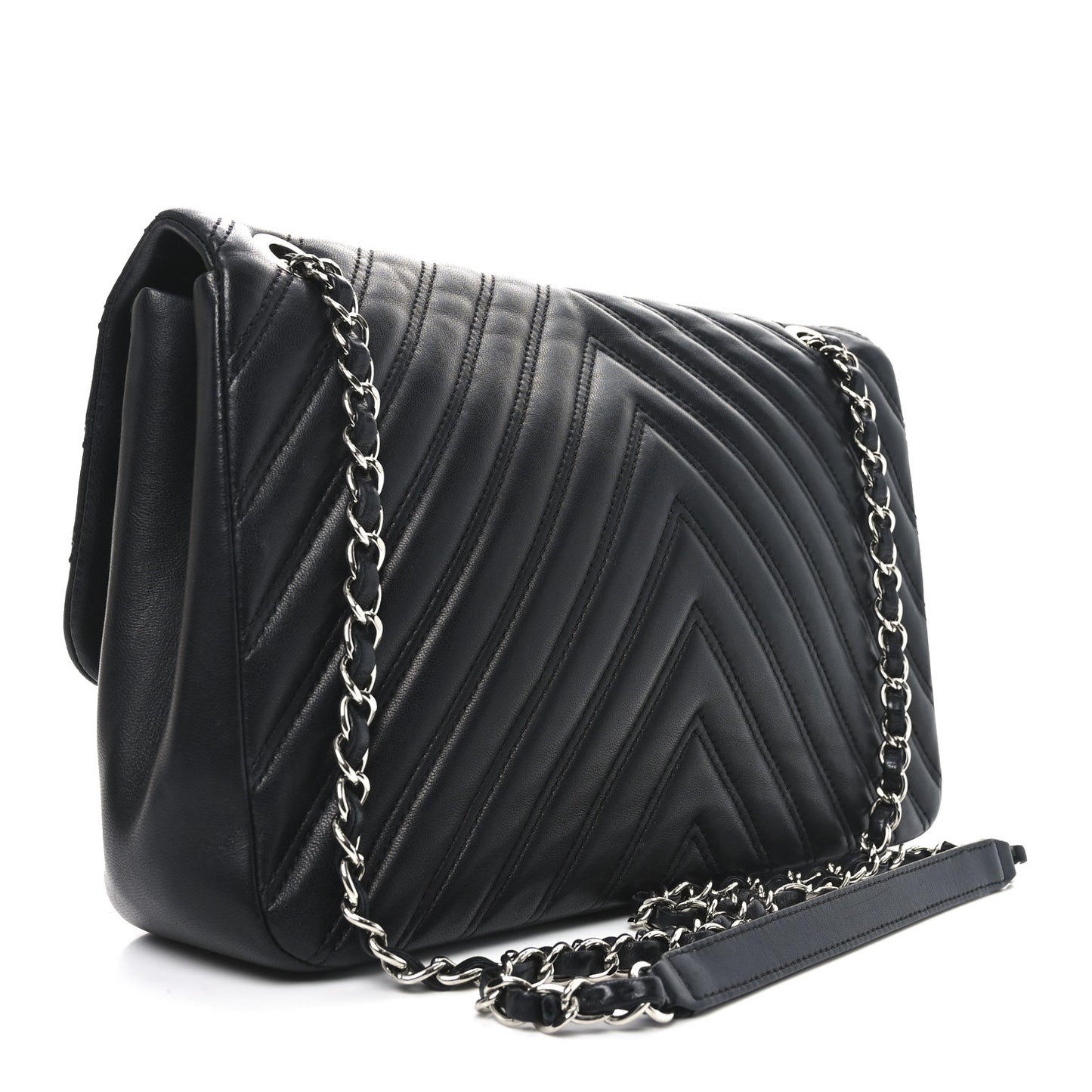 Lambskin Chevron Quilted Double Stitch Jumbo Double Flap Black