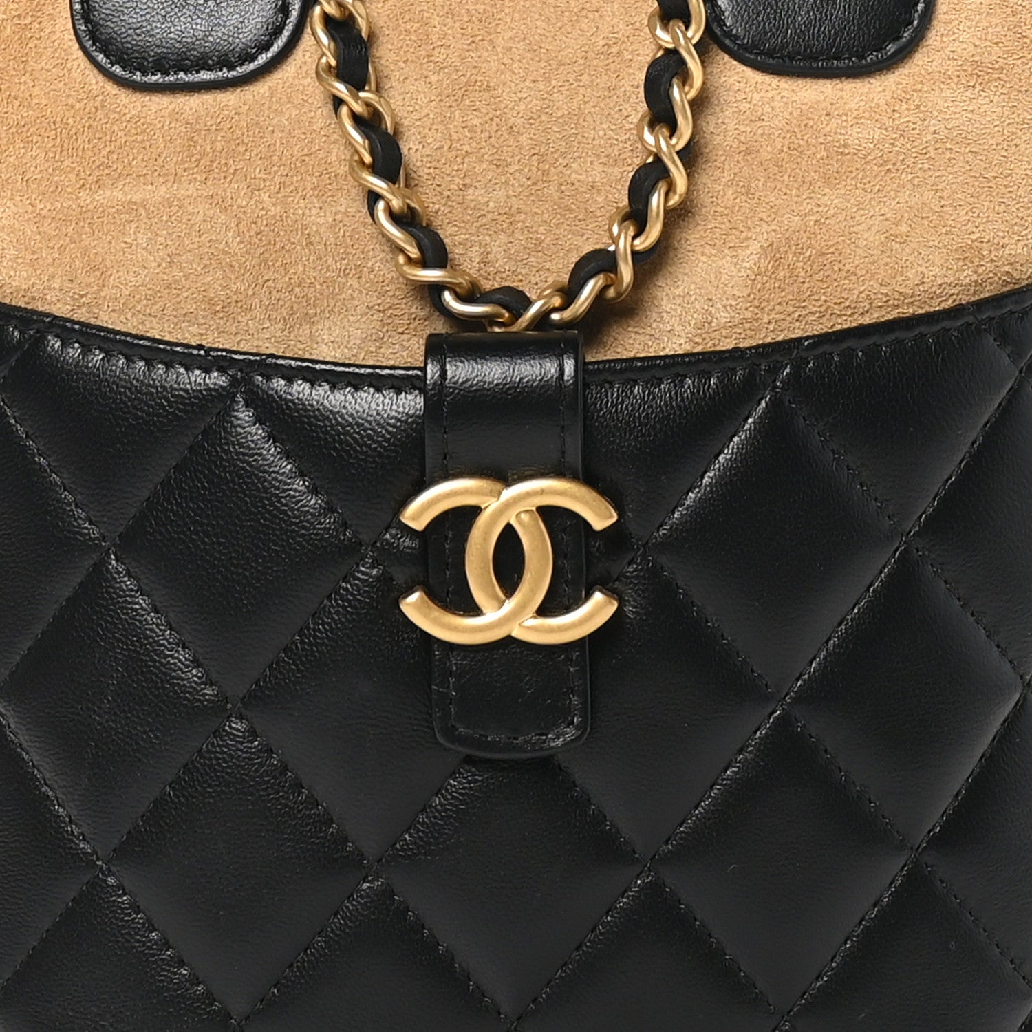 Chanel Suede Shiny Lambskin Quilted Top Handle Clutch With Chain Black Beige 8 of 10