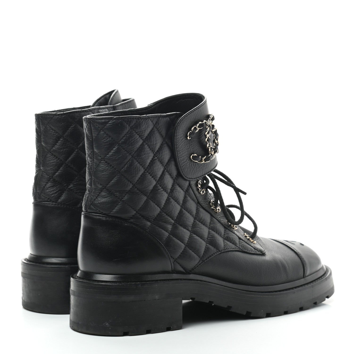 Chanel Shiny Goatskin Calfskin Quilted Lace Up Combat Boots 40 Black 4 of 7