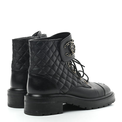Chanel Shiny Goatskin Calfskin Quilted Lace Up Combat Boots 40 Black 4 of 7
