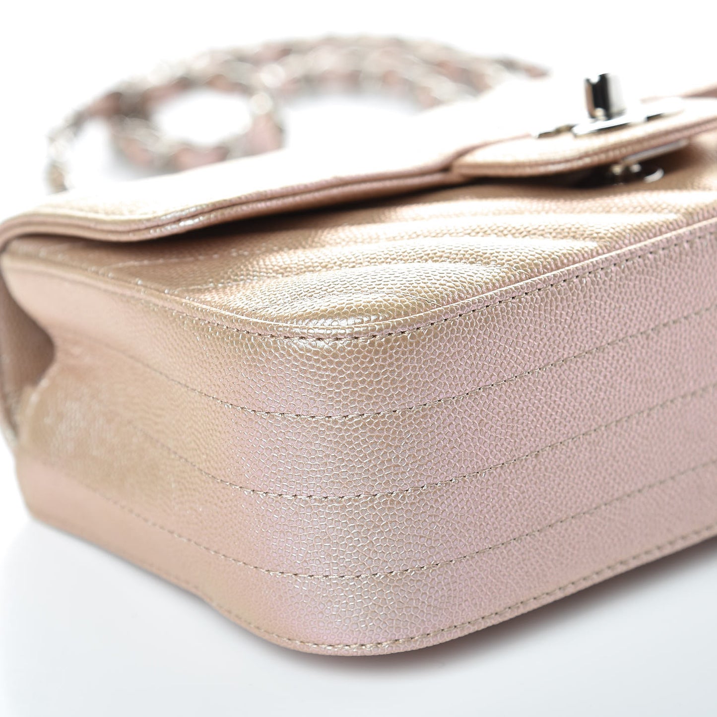 Iridescent Caviar Chevron Quilted Mini Rectangular Flap Light Gold