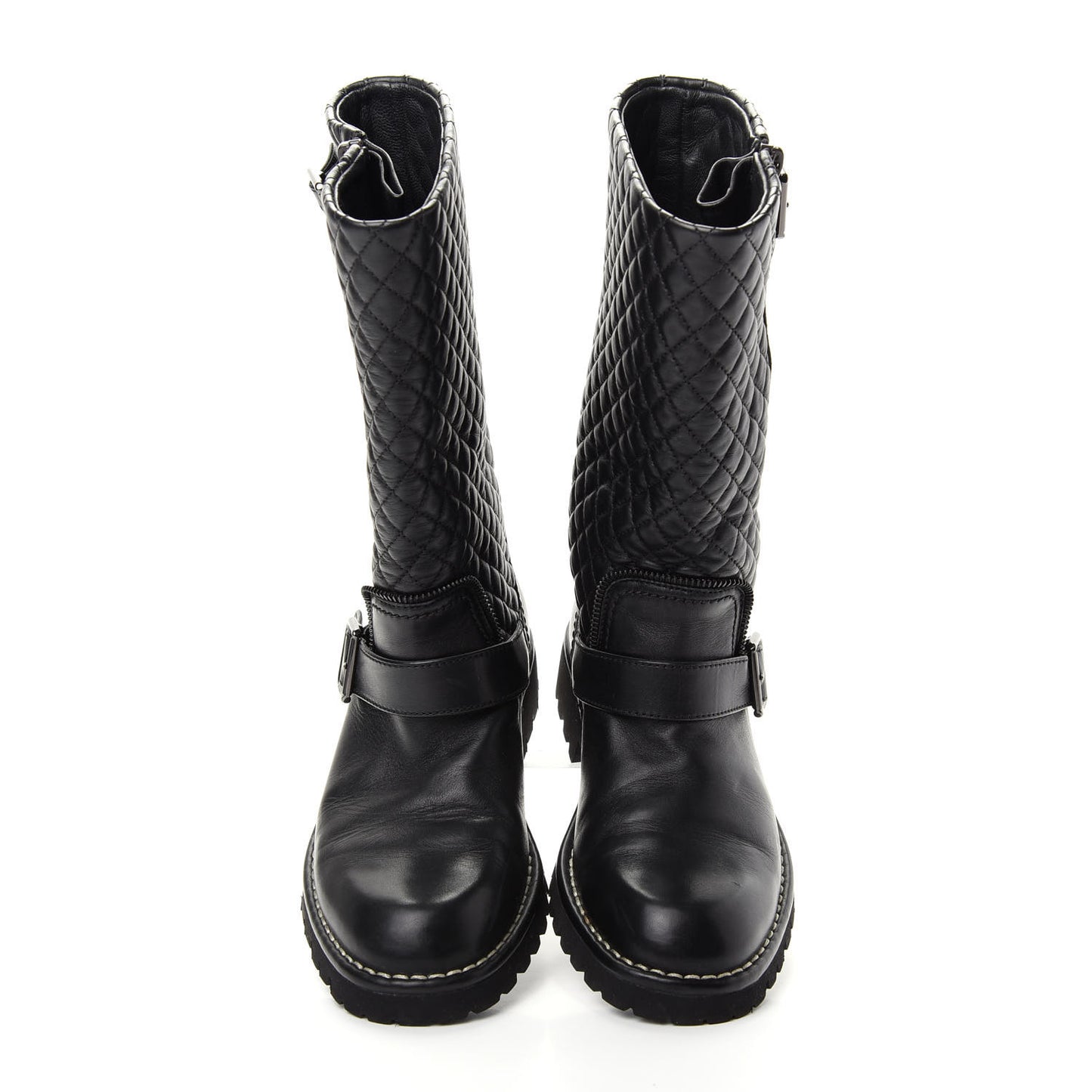 Calfskin Quilted Biker Boots 37.5 Black