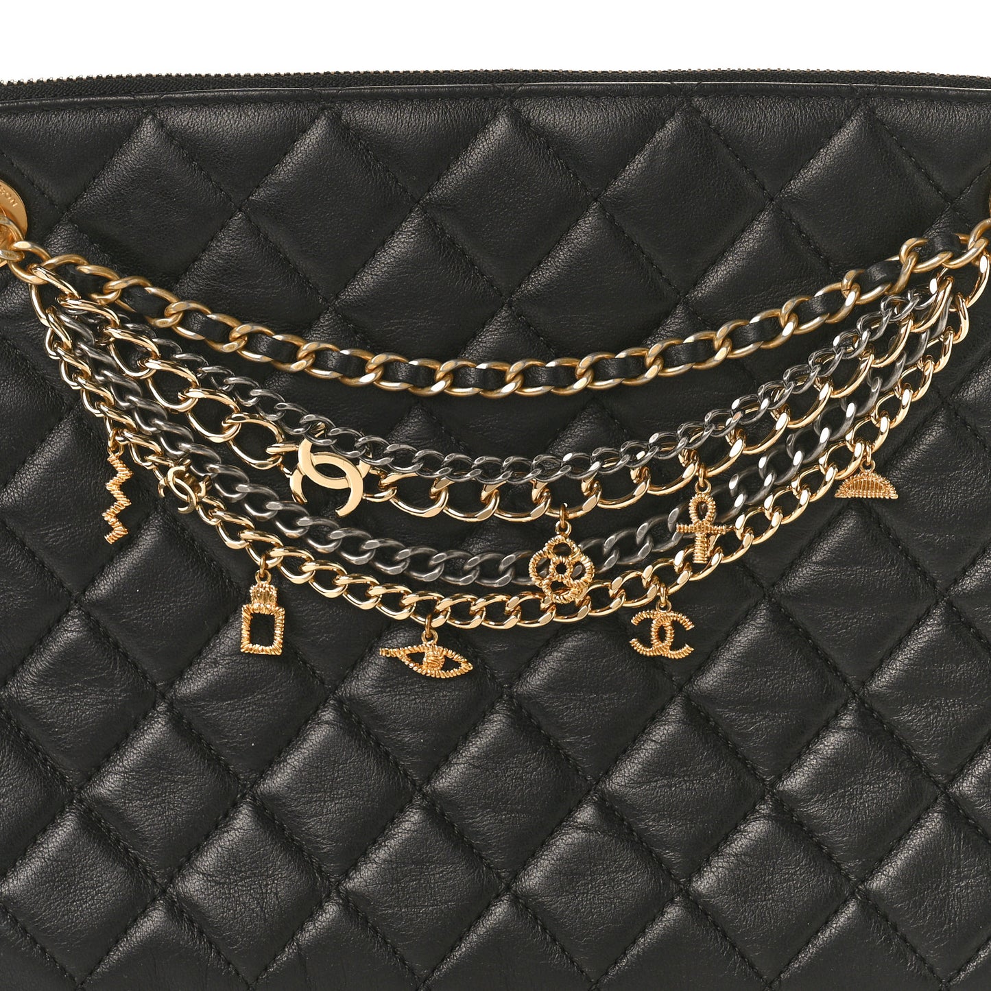 Lambskin Quilted Egyptian Amulet Zipped Pouch Black