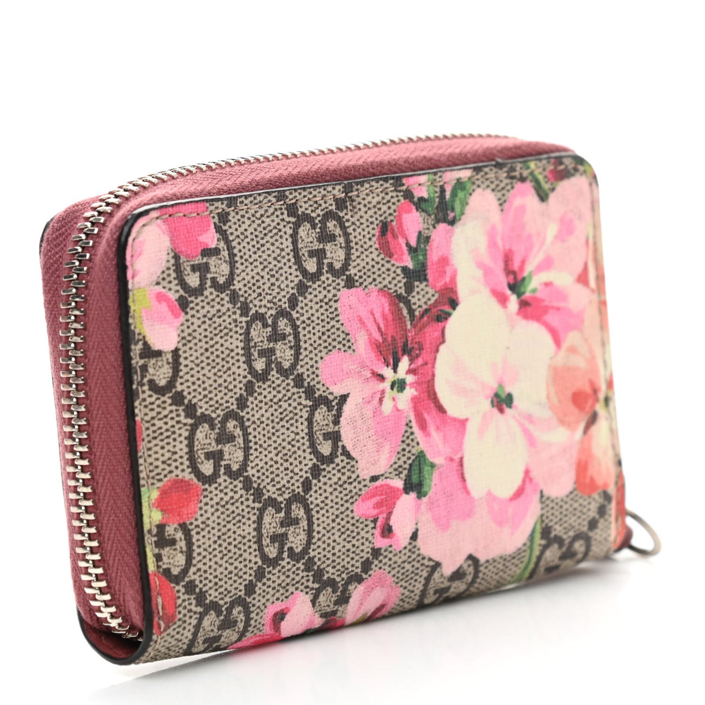 GG Supreme Monogram Blooms Zip Around Card Case Wallet Beige Multicolor Dry Rose