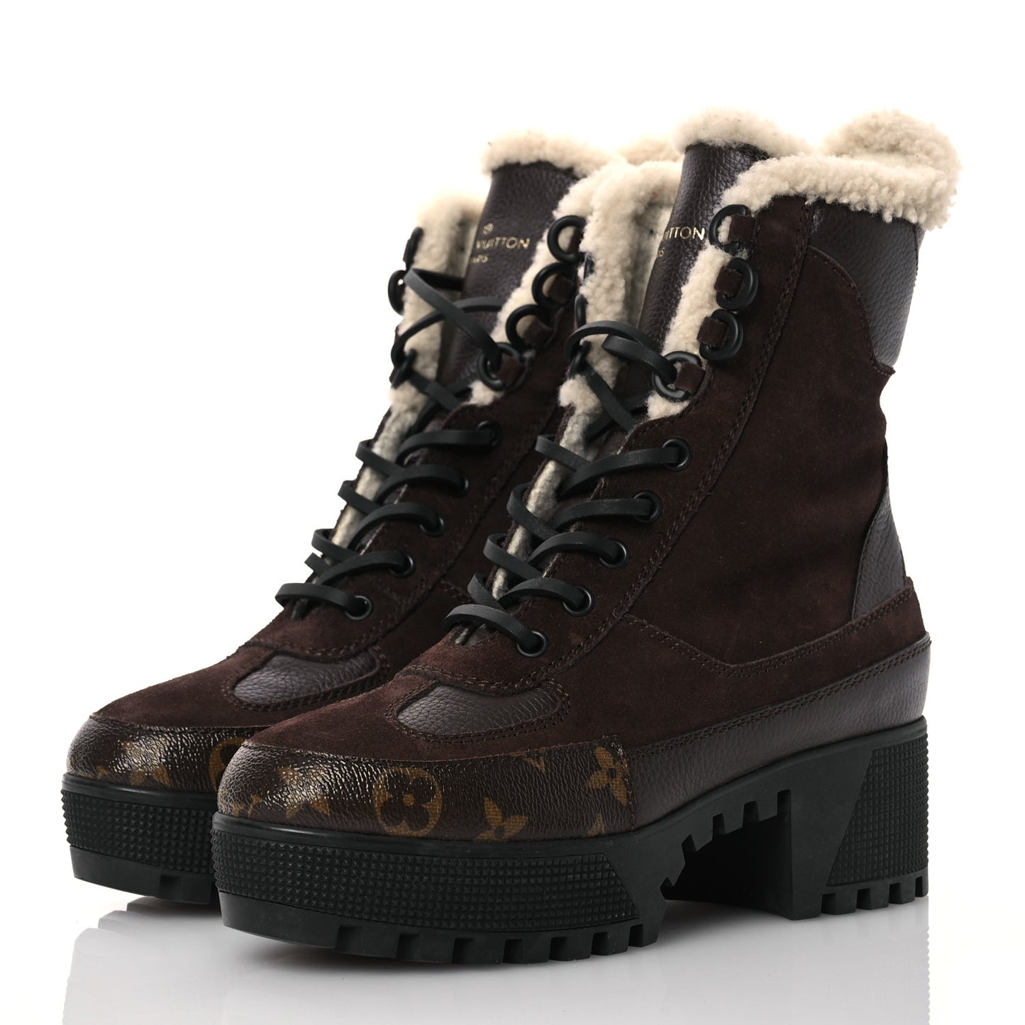 Suede Calfskin Shearling Monogram Laureate Platform Boots 35.5 Brown